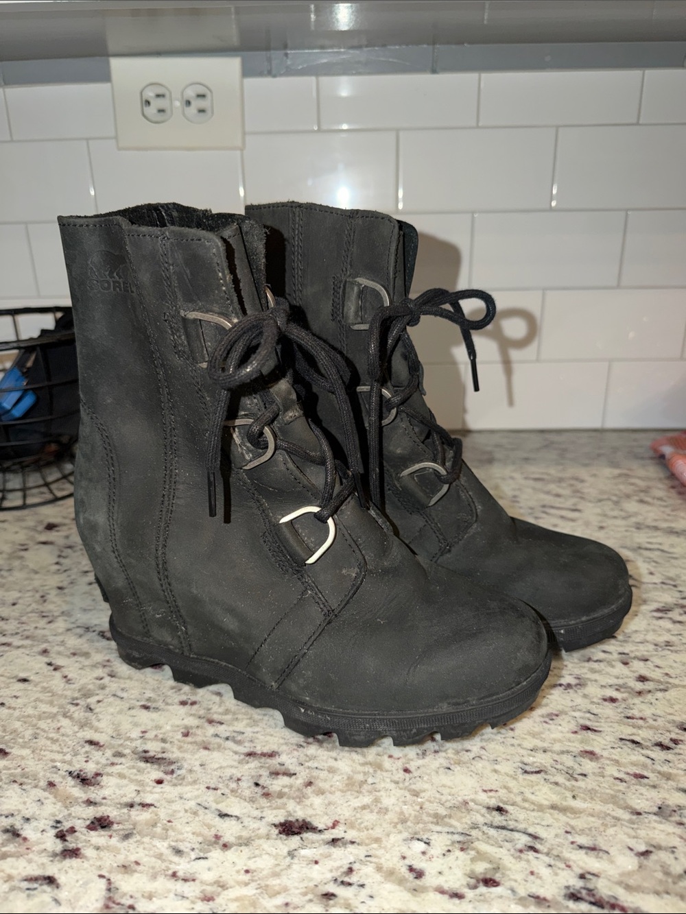 Sorel Black Lace-Up Wedge Ankle Boots